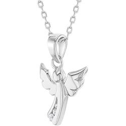 925 Sterling Silver Clear CZ Guardian Angel Necklace Pendant for Children 16''