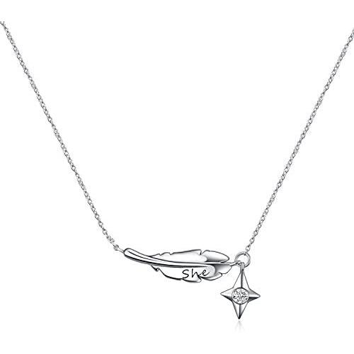 Feather Necklace for Women Sterling Silver with Lucky Star, Dainty Christmas Jewelry Gift for Her, Girlfriend, Daughter, Sister, 16~18 IN