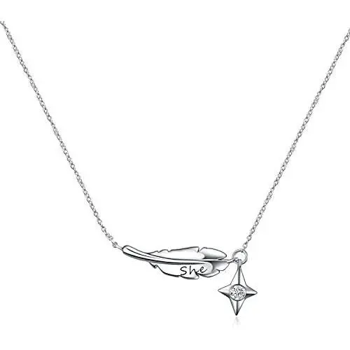 Feather Necklace for Women Sterling Silver with Lucky Star, Dainty Christmas Jewelry Gift for Her, Girlfriend, Daughter, Sister, 16~18 IN