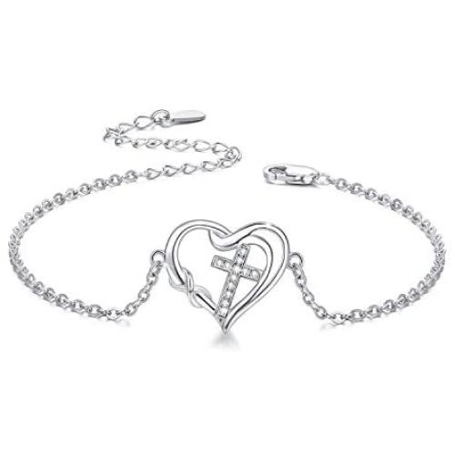 Cross Bracelet for Women Infinity Bracelets Infinity Love Heart Bracelets 925 Sterling Silver Faith Hope Bracelet with Dainty Chain 7’’ Inspiration Jewelry Gift for Women Girlfriend Teen Valentine