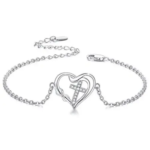 Cross Bracelet for Women Infinity Bracelets Infinity Love Heart Bracelets 925 Sterling Silver Faith Hope Bracelet with Dainty Chain 7’’ Inspiration Jewelry Gift for Women Girlfriend Teen Valentine
