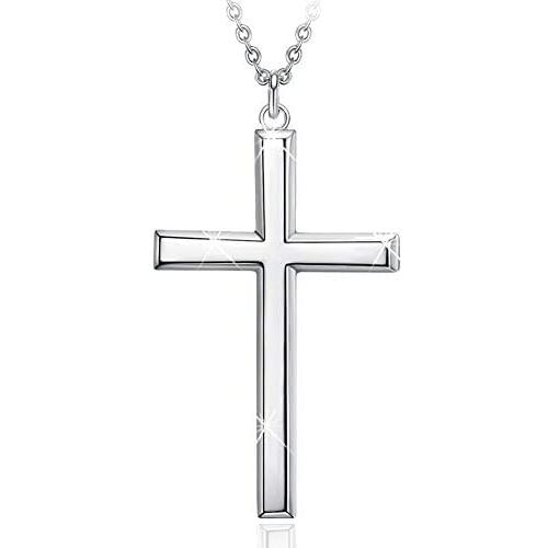 Mens S925 Sterling Silver Cross Pendant Necklace 24 Inches Silver Chain