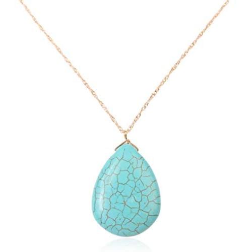 RIAH FASHION Bohemian Natural Stone Geometric Pendant Long Necklace - Boho Rectangle Bar Charm Layering Statement Chain Arrowhead Marble Quartz