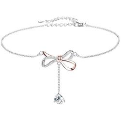 Sllaiss Sterling Silver Bow Necklace Made with Swarovski Crystals Pendant Gift for Women Rose Gold 16'' with 2'' Extender Adjustable