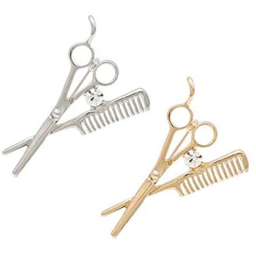 KOEDLN 2pcs Barber Scissors Comb Pin Brooch with Crystal Badges Clothes Bags Jewelry