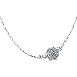 S925 Sterling Silver Jewelry Sideways Camellia Flower Choker Necklace 14+4''