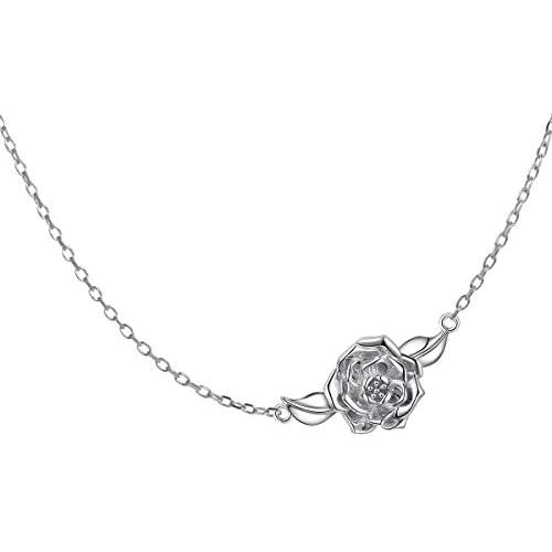 S925 Sterling Silver Jewelry Sideways Camellia Flower Choker Necklace 14+4''