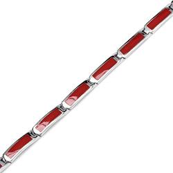 Silvershake Rectangular Shape Created Red Coral Inlay 925 Sterling Silver Link Bracelet Jewelry for Man Women