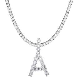 Jacruces Initial Necklace Silver Large Initial Letter Pendant Necklace Tennis Chain Bling CZ Initial Letter Necklace 18'' + 2'' Extender