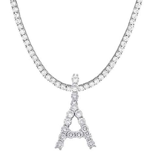 Jacruces Initial Necklace Silver Large Initial Letter Pendant Necklace Tennis Chain Bling CZ Initial Letter Necklace 18'' + 2'' Extender