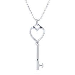 Large Open Heart Key Pendant Necklace For Women Girlfriend Polished 925 Sterling Silver With Chain