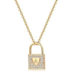 Memorjew Gold Initial Lock Necklaces for Women, 14K Gold Plated Cubic Zirconia Dainty Initial Heart Padlock Pendant Necklace for Women Teen Girls Jewelry Gifts