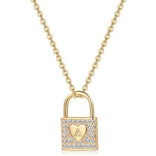 Memorjew Gold Initial Lock Necklaces for Women, 14K Gold Plated Cubic Zirconia Dainty Initial Heart Padlock Pendant Necklace for Women Teen Girls Jewelry Gifts