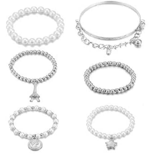Smiling sunflower 6PCS Eiffel Tower Imitation Pearl Vintage Bracelet Coin Jewelry Multilayer Elastic Bracelet