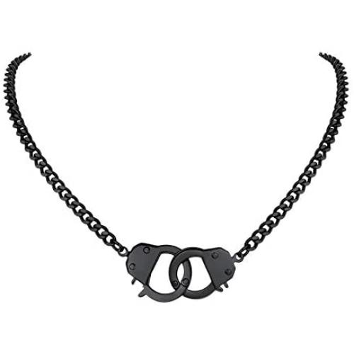 FindChic Handcuff Necklace Padlock Pendant Customized Handcuff Bracelet Partners in Crime Stainless Steel 18K Gold Plated Curb Chain Interlocking 18inch Friendship Statement Necklace for Girls & Women