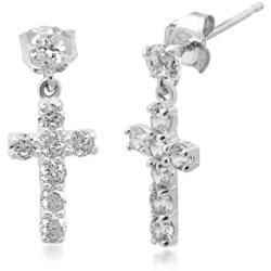Jewelili 10K White Gold 2MM and 3MM Swarovski White Cubic Zirconia Cross Dangle Earrings
