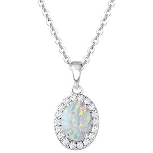October Birthstone Sterling Silver White Opal Necklace/Earrings Oval Halo Pendant Stud Leverback Dangle Cubic Zirconia CZ Fire Opal Fine Jewelry for Women