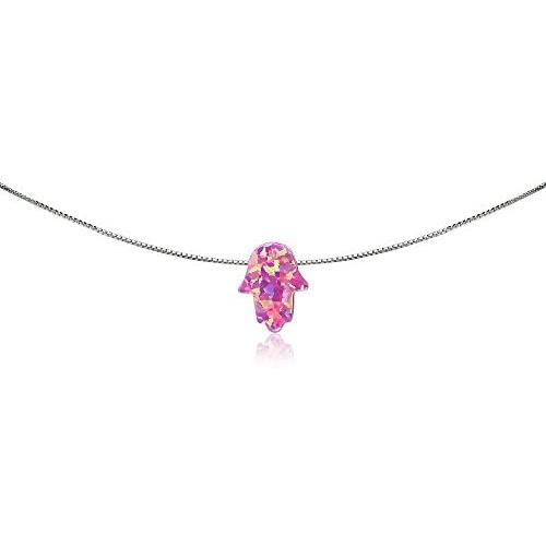 GemStar USA Sterling Silver Synthetic Opal Hamsa Hand of Fatima Dainty Choker Necklace