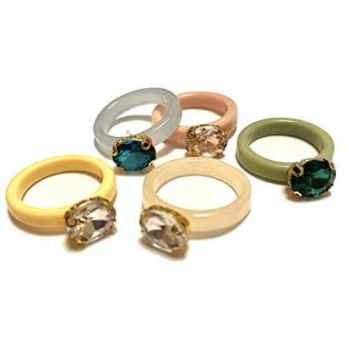 Fashionable Statement Pastel Colorful Acrylic Rhinestone Rings, Stackable 5 Ring Set for Women Girls, Jewelry Gifts