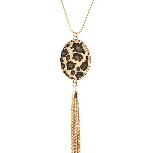 COLORFUL BLING Long Necklace for Women Leopard Quatrefoil Pendant Necklace Bohemia Fringe Tassel Necklaces Y Chain Necklace Fashion Jewelry