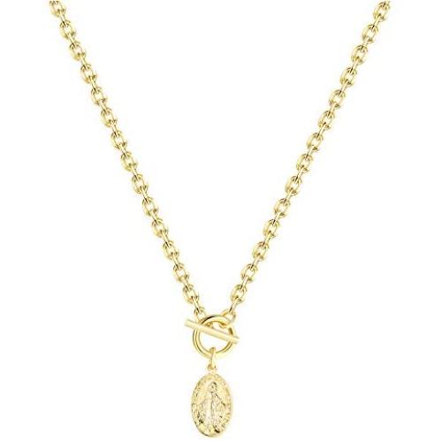 Finrezio 14K Gold Plated Catholic Christian Pendant Necklace for Women Paperclip Link Chain Necklace Virgin Mary Pendant Necklace Charm Minimalist Jewelry