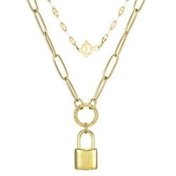 Dainty Layered Padlock Necklaces for Women, 14K Gold Plated Paperclip Chain Necklace Simple Cute Pendant Lock Choker Necklace Gold Layered Necklaces for Women