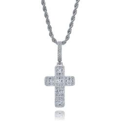 TOPGRILLZ Solid Baguette Cross Chain 14K Gold Plated Iced Out Pendant Necklace for Men and Women Religious Jewelry