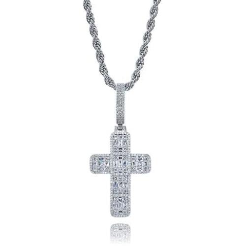TOPGRILLZ Solid Baguette Cross Chain 14K Gold Plated Iced Out Pendant Necklace for Men and Women Religious Jewelry