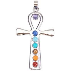 PH PandaHall 1 Pack 7 Chakras Natural Quartz Gemstones Beads Pendant Charms Point Chakra Reiki - Ankh Cross Style