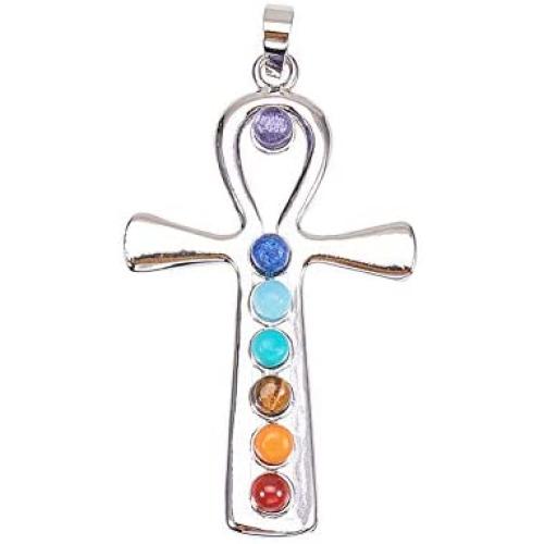 PH PandaHall 1 Pack 7 Chakras Natural Quartz Gemstones Beads Pendant Charms Point Chakra Reiki - Ankh Cross Style
