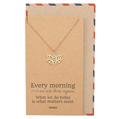 Quan Jewelry Yoga Lotus Flower Necklace with Om Symbol, Happy Birthday Gifts Ideas for Mom, Daughter, Women with Inspirational Quote on Gift Card (Rose gold)
