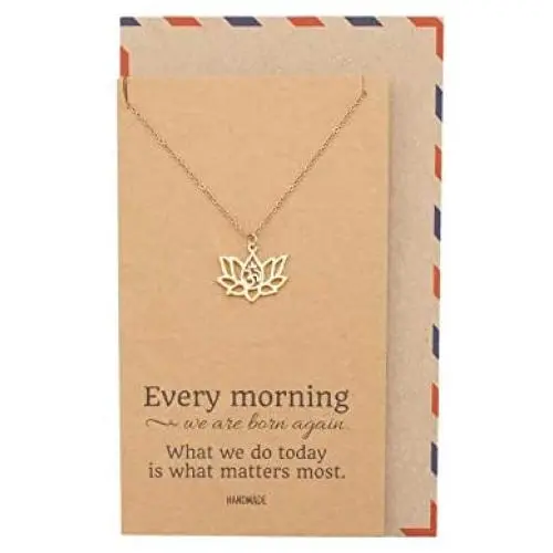 Quan Jewelry Yoga Lotus Flower Necklace with Om Symbol, Happy Birthday Gifts Ideas for Mom, Daughter, Women with Inspirational Quote on Gift Card (Rose gold)