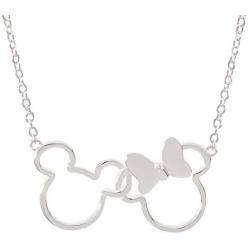 Disney Mickey and Minnie Mouse Jewelry for Women, Silver Plated Interlocking Mickey and Minnie Mouse Pendant Necklace;