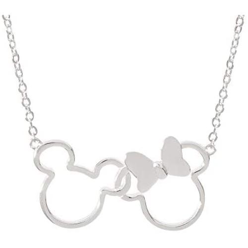 Disney Mickey and Minnie Mouse Jewelry for Women, Silver Plated Interlocking Mickey and Minnie Mouse Pendant Necklace;