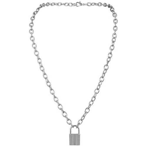 7th Moon Lock Pendant Necklace Statement Long Chain Punk Multilayer Choker Necklace for Women Girls (Silver)