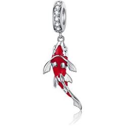 ToHa 925 Sterling Silver Carp Bead Charms,Good Luck Charms Cubic Zirconia Fish Animal Charm Koi Beaded Pendant for European Bracelet & Necklace,DIY Jewelry for Women