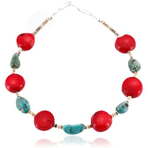 $80Tag Certified Silver Navajo Natural Turquoise Coral Native Bracelet 390772923074 Made by Loma Siiva