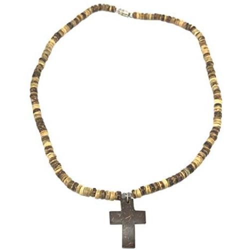 Hawaiian Jewelry 18 Inch Coconut Bead Hand Coconut Christian Cross Necklace from Hawaii