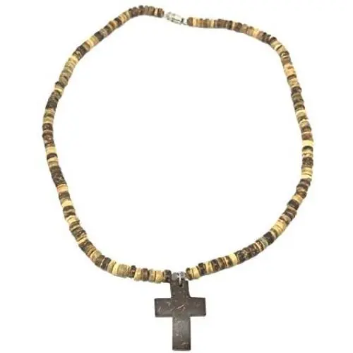 Hawaiian Jewelry 18 Inch Coconut Bead Hand Coconut Christian Cross Necklace from Hawaii Hawaiian Jewelry 18 Inch Coconut Bead Hand Coconut Christian Cross Necklace from Hawaii