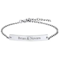 U7 Women Girls Customized ID Bracelet Stainless Steel/18K Gold Plated Dainty Link Engraving Name/ICE/Birthstone Identification Bar Bracelet Bangle
