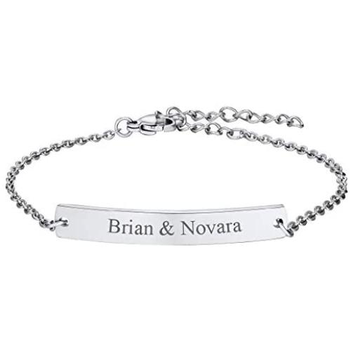 U7 Women Girls Customized ID Bracelet Stainless Steel/18K Gold Plated Dainty Link Engraving Name/ICE/Birthstone Identification Bar Bracelet Bangle