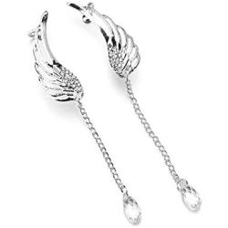 Clip On Angel Wing Earrings Angel Wing Silver Plated Crystal Tassel Chain Drop Dangle Earrings Ear Cuff Stud Rhinestone Pendant Clip Earrings Angel Wing Tail Long Dangle Tassel Drop Statement Earrings