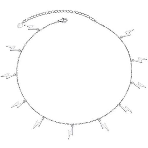 Sterling Silver Jewelry Lightning Bolt Choker Necklace Pendant Disc Chain Statement Necklace For Women Girls 13+3 inches