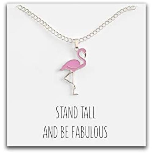 Happy Kisses Pink Flamingo Necklace with “Stand Tall and Be Fabulous” Message Card – Pendant for Women, Kids, and Girls for Mom, Wife or Girlfriend – Small Cute Pendant in Gold & Silver