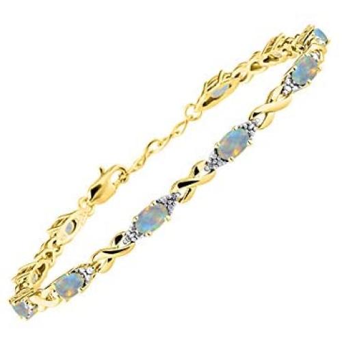 Stunning Exotic Ethiopian Opal & Diamond XOXO Hugs & Kisses Tennis Bracelet Set in Yellow Gold Plated Silver - Adjustable to fit 7'' - 8'' Wrist