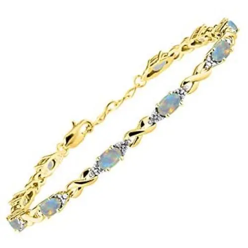 Stunning Exotic Ethiopian Opal & Diamond XOXO Hugs & Kisses Tennis Bracelet Set in Yellow Gold Plated Silver - Adjustable to fit 7'' - 8'' Wrist