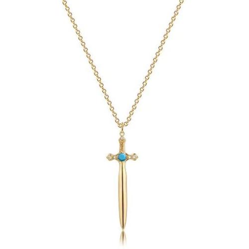 Mevecco Gold Dainty Sword Pendant Necklace for Women 18K Gold Filled Turquoise Shining Cubic Zriconia Vintage Awl Cross Necklace Delicate Faith Necklace Personalized Jewelry
