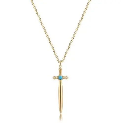 Mevecco Gold Dainty Sword Pendant Necklace for Women 18K Gold Filled Turquoise Shining Cubic Zriconia Vintage Awl Cross Necklace Delicate Faith Necklace Personalized Jewelry