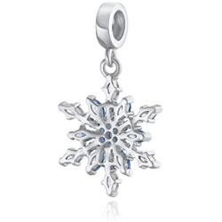 Frozen Winter Holiday Party Christmas Snowflake Shape Ice Blue Crystal Dangle Bead CZ Charm Sterling Silver For Women European Bracelet