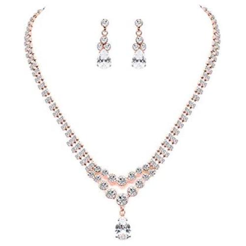 UDORA Crystal Teardrop Necklace Earrings Jewelry Set with Bracelet Party Prom Wedding